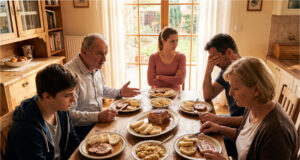 Dad Claimed He Didn’t Care About Politics. Now He Just Complains at Every Lunch and Wonders Why I Don’t Visit Anymore Family sitting at the table during a tense lunch.
