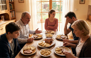 Dad Claimed He Didn’t Care About Politics. Now He Just Complains at Every Lunch and Wonders Why I Don’t Visit Anymore Family sitting at the table during a tense lunch.
