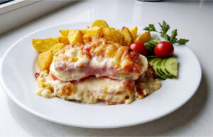 Farmer’s Layered Pork Chops: Juicy Meat with Bacon, Vegetables, and Golden Cheese Farmer's layered pork chops with bacon, vegetables, and melted cheese