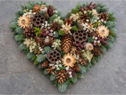 Fir, Cone and Flower Hearts: 20 Beautiful All Souls’ Day Decorations You Can Make at Home Richly decorated natural heart with fir, cones, and flowers