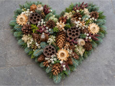 Fir, Cone and Flower Hearts: 20 Beautiful All Souls’ Day Decorations You Can Make at Home Richly decorated natural heart with fir, cones, and flowers