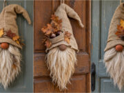 Forget the Classic Wreath This Year: Make an Autumn Gnome from Burlap and Leaves Autumn gnome made from burlap and leaves hanging on a door