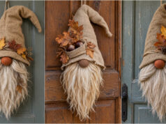 Forget the Classic Wreath This Year: Make an Autumn Gnome from Burlap and Leaves Autumn gnome made from burlap and leaves hanging on a door