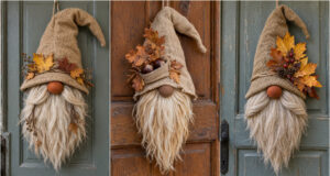 Forget the Classic Wreath This Year: Make an Autumn Gnome from Burlap and Leaves Autumn gnome made from burlap and leaves hanging on a door