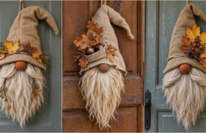 Forget the Classic Wreath This Year: Make an Autumn Gnome from Burlap and Leaves Autumn gnome made from burlap and leaves hanging on a door