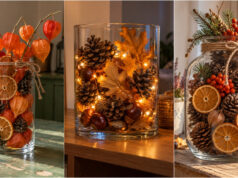 Don’t Leave Your Glass Vase Empty: 20 Autumn Ideas to Cozy Up Your Home Jar decorated with pinecones, citrus and autumn branches