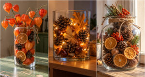Don’t Leave Your Glass Vase Empty: 20 Autumn Ideas to Cozy Up Your Home Jar decorated with pinecones, citrus and autumn branches