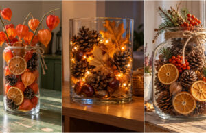 Don’t Leave Your Glass Vase Empty: 20 Autumn Ideas to Cozy Up Your Home Jar decorated with pinecones, citrus and autumn branches
