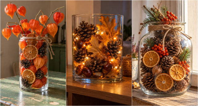 Jar decorated with pinecones, citrus and autumn branches