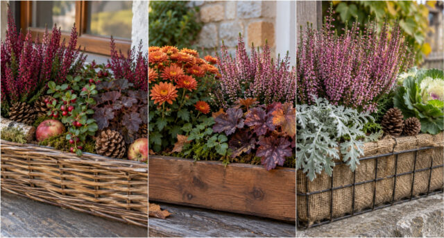 heathers-pumpkin-ivy-autumn-planter Heathers, pumpkin, and ivy in a dark autumn planter