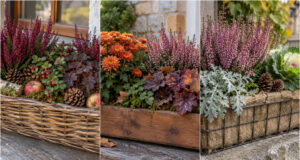 Don’t Hide Your Planter Boxes After Geraniums: 20 Autumn Ideas to Brighten Your Windowsill and Balcony Heathers, pumpkin and ivy in a dark planter box