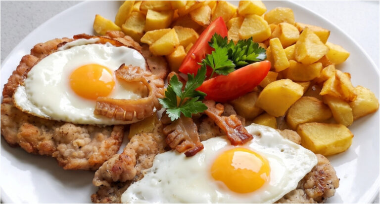 Holstein Pork Chop: Juicy Meat with Fried Egg, Bacon, and Crispy Potatoes