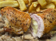 Chicken Pocket with Ham and Brie: Juicy Meat on a Creamy Mushroom Bed Juicy chicken pocket stuffed with ham and Brie cheese on a creamy mushroom bed with steak fries