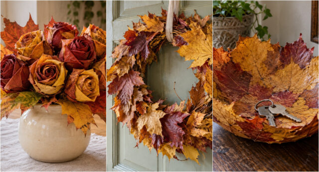 Lush autumn wreath made from colorful leaves