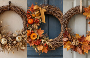 Transform a Simple Wicker Ring into a Stunning Autumn Wreath: Get Inspired by 20 Ideas Lush autumn wreath with pumpkins on a wicker ring