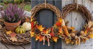 Transform an Ordinary Wicker Ring into Autumn Magic: 20 Ideas for Doors and Tables Lush autumn wreath with red berries on a wicker ring