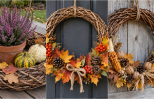 Transform an Ordinary Wicker Ring into Autumn Magic: 20 Ideas for Doors and Tables Lush autumn wreath with red berries on a wicker ring