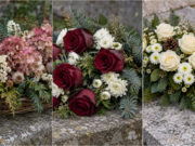 Beautiful Memorial Arrangements from Flowers and Pine: 20 Inspirations to Honor Loved Ones Elongated memorial arrangement with cream roses and pine