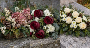 Beautiful Memorial Arrangements from Flowers and Pine: 20 Inspirations to Honor Loved Ones Elongated memorial arrangement with cream roses and pine