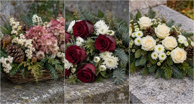 memorial-arrangement-cream-roses-pine-768 Elongated memorial arrangement with cream roses and pine