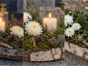 Moss, Cones and a Piece of Bark: 20 Beautiful All Souls’ Day Candle Holders You Can Make Yourself Candle holder with birch bark, moss and white flowers