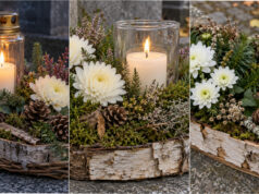 Moss, Cones and a Piece of Bark: 20 Beautiful All Souls’ Day Candle Holders You Can Make Yourself Candle holder with birch bark, moss and white flowers