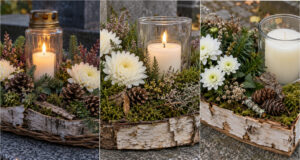 Moss, Cones and a Piece of Bark: 20 Beautiful All Souls’ Day Candle Holders You Can Make Yourself Candle holder with birch bark, moss and white flowers