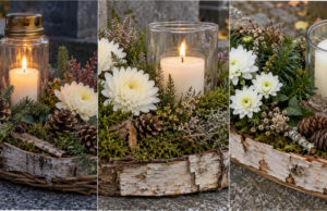 Moss, Cones and a Piece of Bark: 20 Beautiful All Souls’ Day Candle Holders You Can Make Yourself Candle holder with birch bark, moss and white flowers