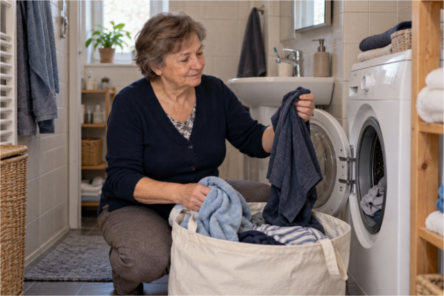 mother-folding-laundry-thoughtful A mother folding laundry at home, looking thoughtful