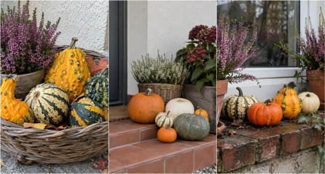 Ornamental gourds grouped on steps with heather and hydrangeas