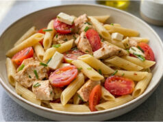 Pasta Salad with Chicken: Juicy Tomatoes, Salty Cheese and a Simple Dressing Pasta salad with chicken, juicy tomatoes, salty cheese and a simple dressing