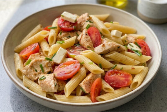 Pasta Salad with Chicken: Juicy Tomatoes, Salty Cheese and a Simple Dressing Pasta salad with chicken, juicy tomatoes, salty cheese and a simple dressing