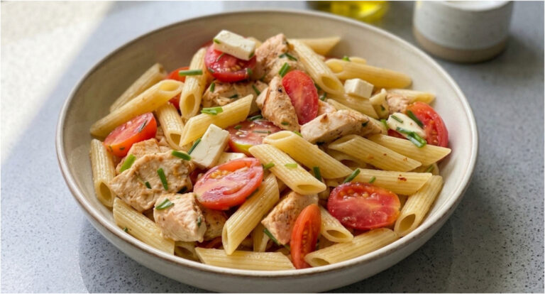 Pasta Salad with Chicken: Juicy Tomatoes, Salty Cheese and a Simple Dressing