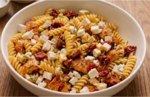 Pasta Salad with Chicken: With Sun-Dried Tomatoes, Mozzarella and a Simple Dressing Pasta salad with chicken, sun-dried tomatoes, mozzarella and a simple dressing