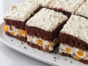 Peach Cake with Chocolate: Fluffy Cocoa Sponge with Delicate Mascarpone Cream Peach cake with chocolate: fluffy cocoa sponge with delicate mascarpone cream