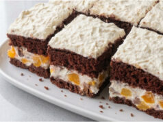 Peach Cake with Chocolate: Fluffy Cocoa Sponge with Delicate Mascarpone Cream Peach cake with chocolate: fluffy cocoa sponge with delicate mascarpone cream