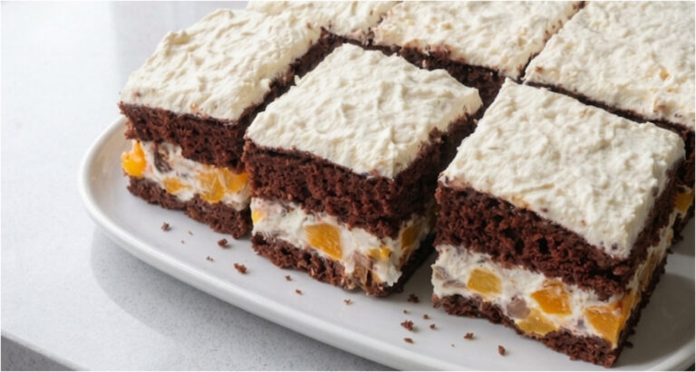 Peach Cake with Chocolate: Fluffy Cocoa Sponge with Delicate Mascarpone Cream