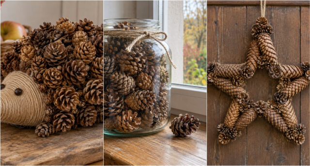 pine-cones-in-jar-autumn-decoration Pine cones arranged in a glass jar as a simple autumn decoration