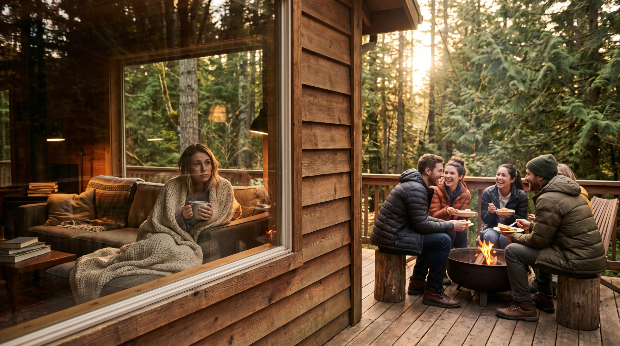 View of the cottage where a group of friends are having fun while one person stays inside sick.