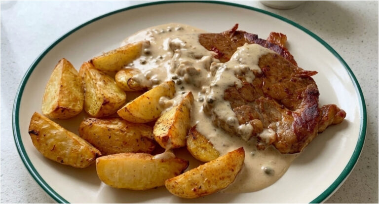 Pork Neck Steak with Pepper Sauce: Juicy Meat and Golden Roasted Potatoes