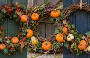 Pumpkins Don’t Have to Stay on the Windowsill: 20 Beautiful Autumn Wreaths You’ll Want to Make Too Autumn wreath with small pumpkins and natural materials