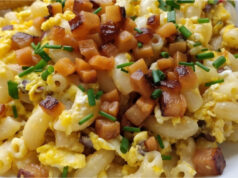 Lightning-fast Pasta Skillet with Bacon: Hearty One-Pan Egg Dinner Quick pasta skillet with bacon, eggs, and chives served on a plate