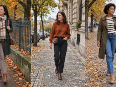 Cold Mornings, Warm Afternoons? 20 Autumn Outfits That Show How to Dress Stylishly and Comfortably Rust sweater with black trousers and brown ankle boots