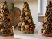 All You Need Is a Styrofoam Cone and Natural Finds: 20 Beautiful Autumn Decoration Ideas Styrofoam cone decorated with pinecones and autumn nature finds