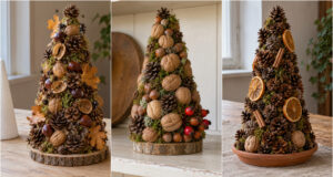 All You Need Is a Styrofoam Cone and Natural Finds: 20 Beautiful Autumn Decoration Ideas Styrofoam cone decorated with pinecones and autumn nature finds