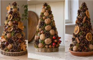 All You Need Is a Styrofoam Cone and Natural Finds: 20 Beautiful Autumn Decoration Ideas Styrofoam cone decorated with pinecones and autumn nature finds