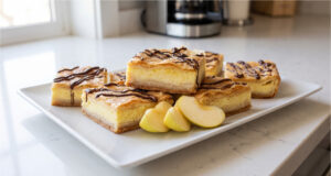Delicate Three-Flavor Slices: Layered Pastry with Apples, Pudding, and Quark Delicate three-flavor slices with apples, pudding, and quark on a tray