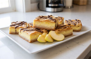 Delicate Three-Flavor Slices: Layered Pastry with Apples, Pudding, and Quark Delicate three-flavor slices with apples, pudding, and quark on a tray