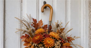 Hang an Old Umbrella on Your Door Instead of a Wreath: 20 Ideas for Beautiful Autumn Decorations Cream umbrella decorated with orange flowers and autumn leaves