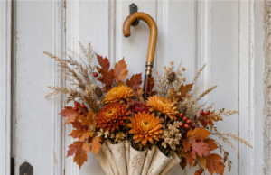 Hang an Old Umbrella on Your Door Instead of a Wreath: 20 Ideas for Beautiful Autumn Decorations Cream umbrella decorated with orange flowers and autumn leaves